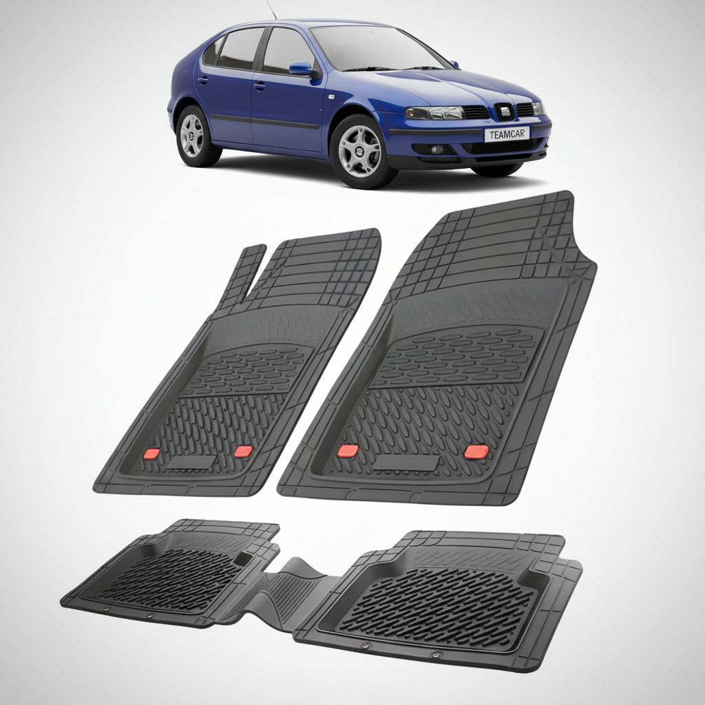 set de covorase din cauciuc negre cu un seat leon mk1 hatchback albastru in fundal