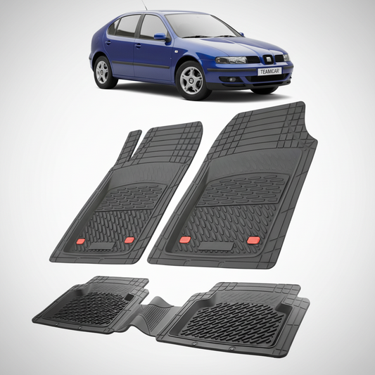 set de covorase din cauciuc negre cu un seat leon mk1 hatchback albastru in fundal