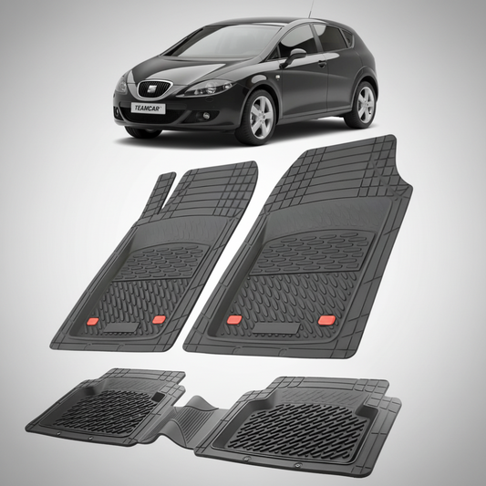 set de covorase din cauciuc negre cu un seat leon mk2 hatchback negru in fundal