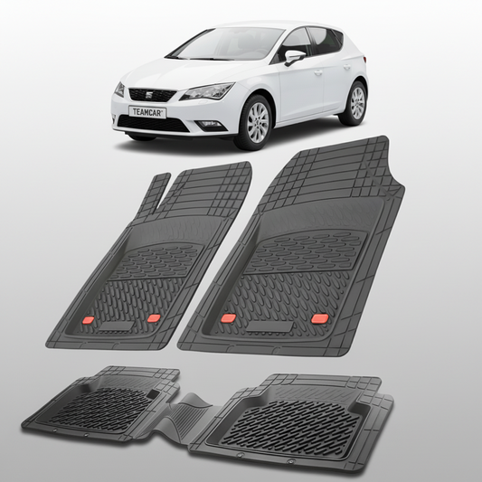set de covorase din cauciuc negre cu un seat leon mk3 hatchback alb in fundal