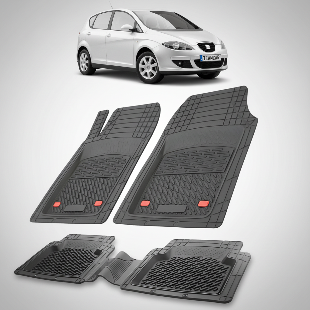 set de covorase din cauciuc negre cu un seat toledo mk3 mpv argintiu in fundal