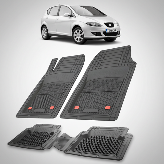 set de covorase din cauciuc negre cu un seat toledo mk3 mpv argintiu in fundal
