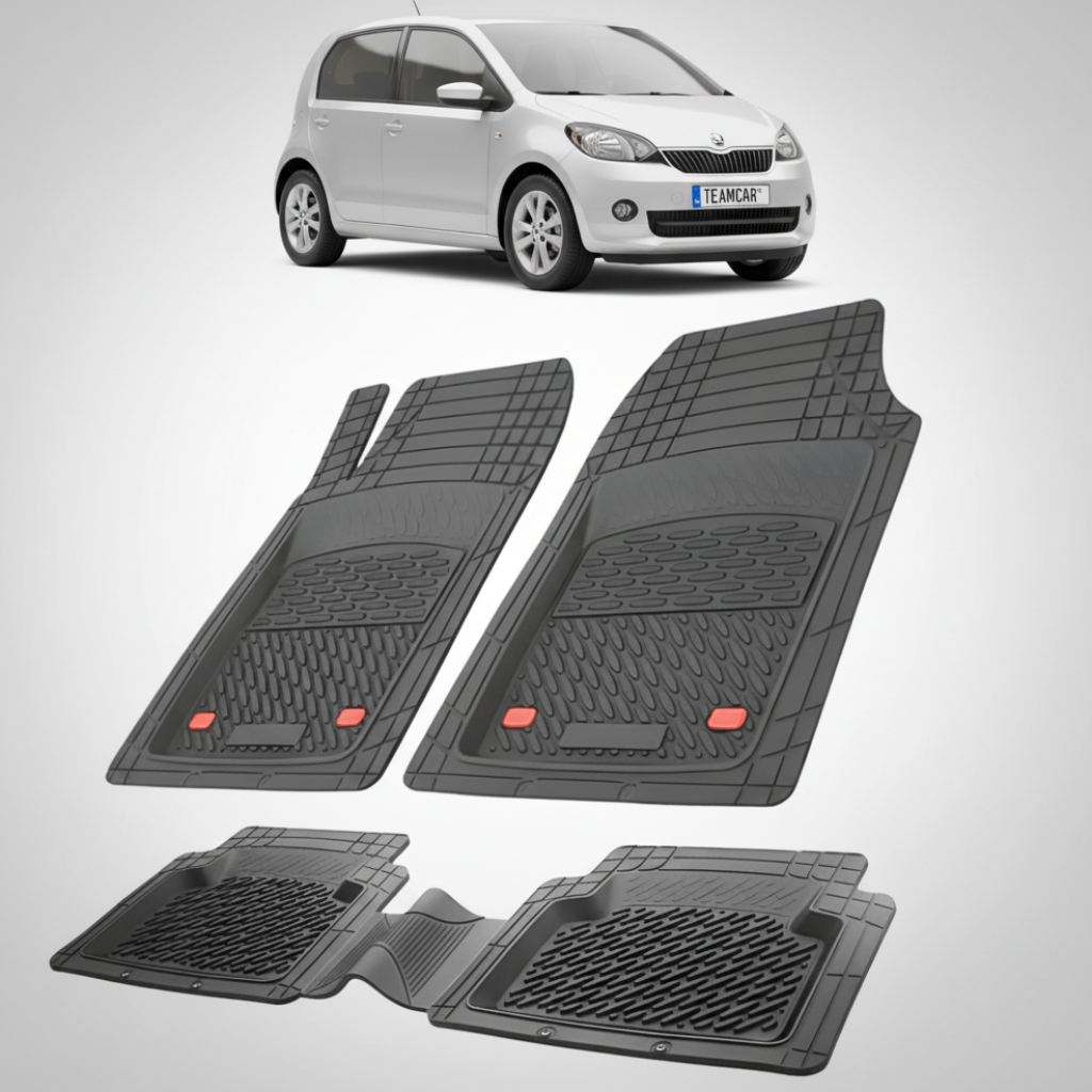 set de covorase din cauciuc negre cu o skoda citigo hatchback gri in fundal