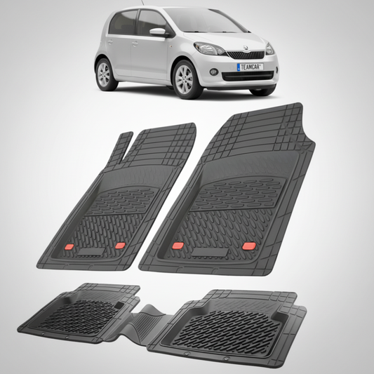 set de covorase din cauciuc negre cu o skoda citigo hatchback gri in fundal