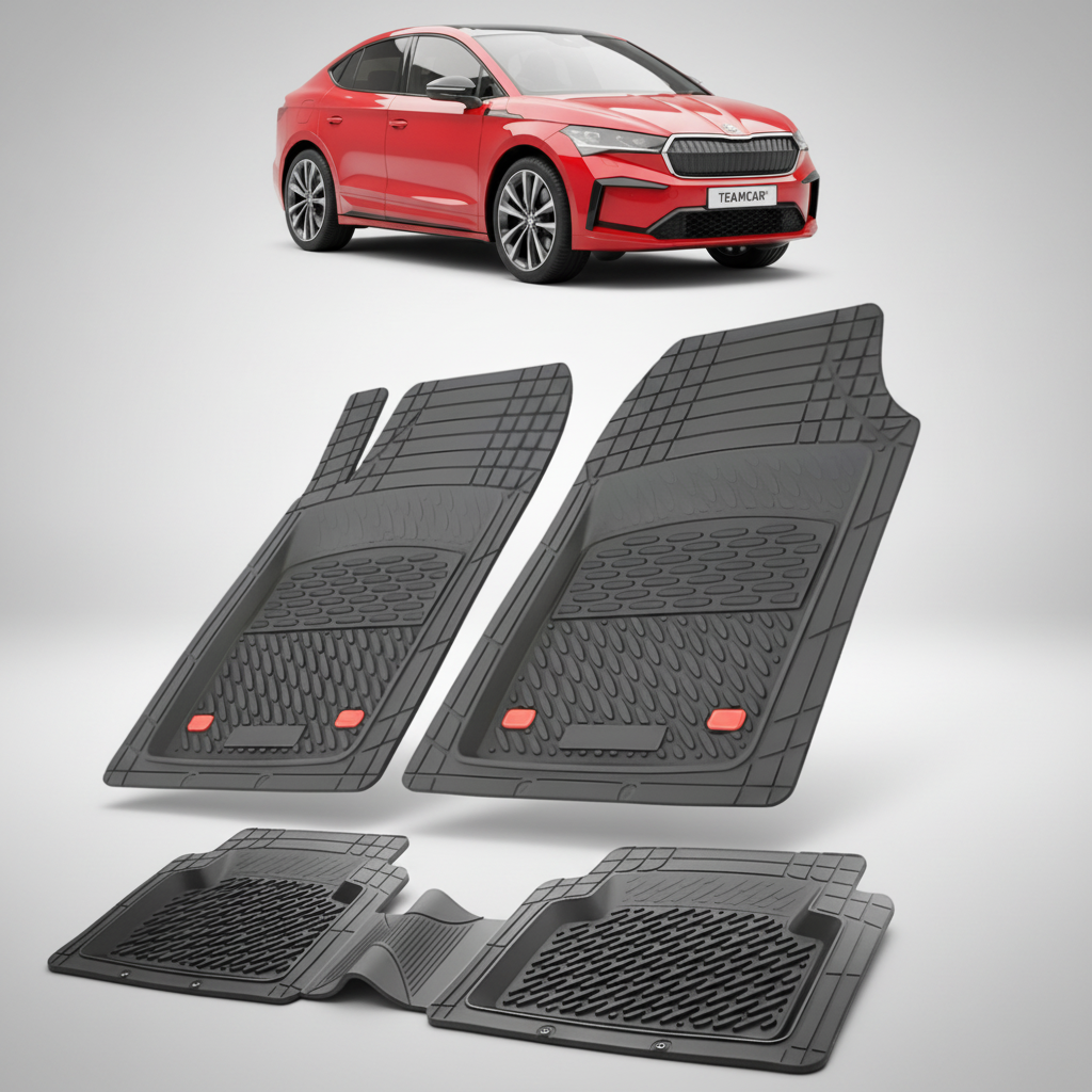 set de covorase din cauciuc negre cu o skoda enyag coupe rosie in fundal