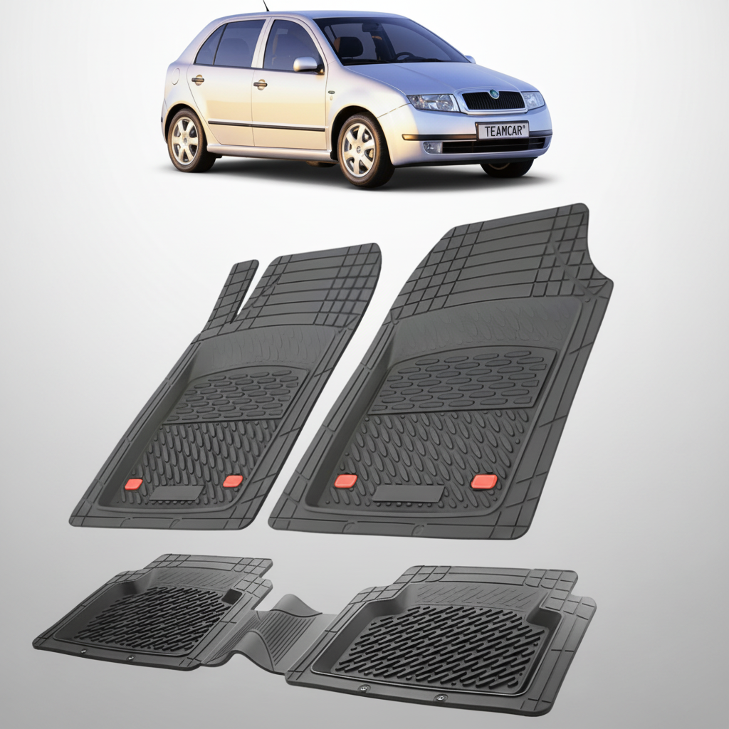 set de covorase din cauciuc negre cu o skoda fabia i hatchback gri in fundal