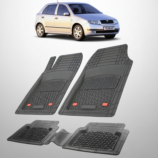 set de covorase din cauciuc negre cu o skoda fabia i hatchback gri in fundal