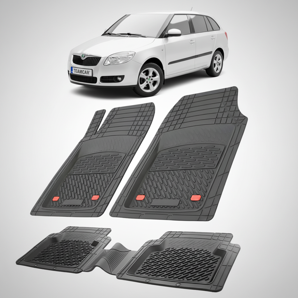 set de covorase din cauciuc negre cu o skoda fabia ii combi alba in fundal