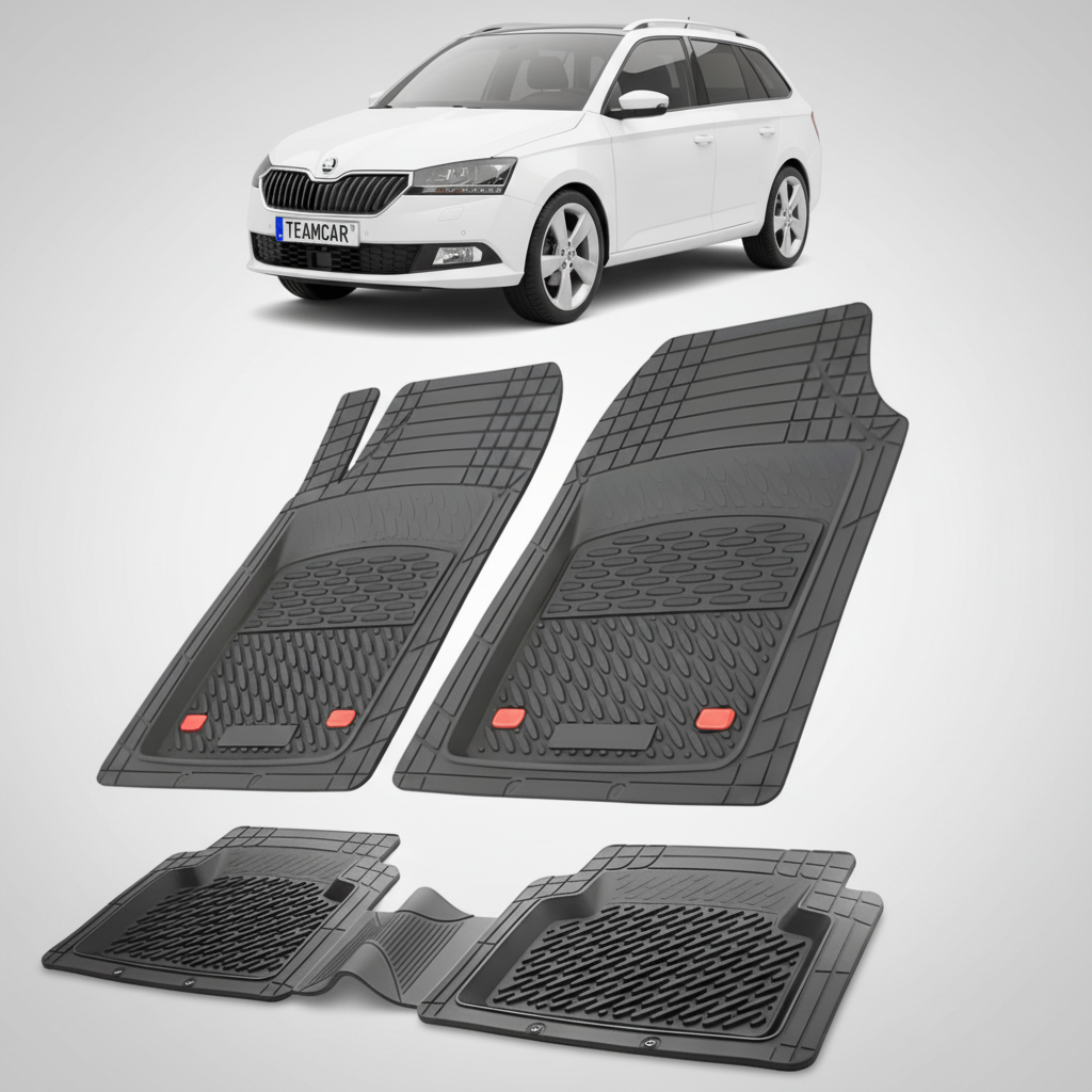 set de covorase din cauciuc negre cu o skoda fabia iii combi facelift alba in fundal