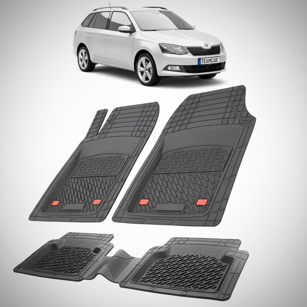 set de covorase din cauciuc negre cu o skoda fabia iii combi argintie in fundal