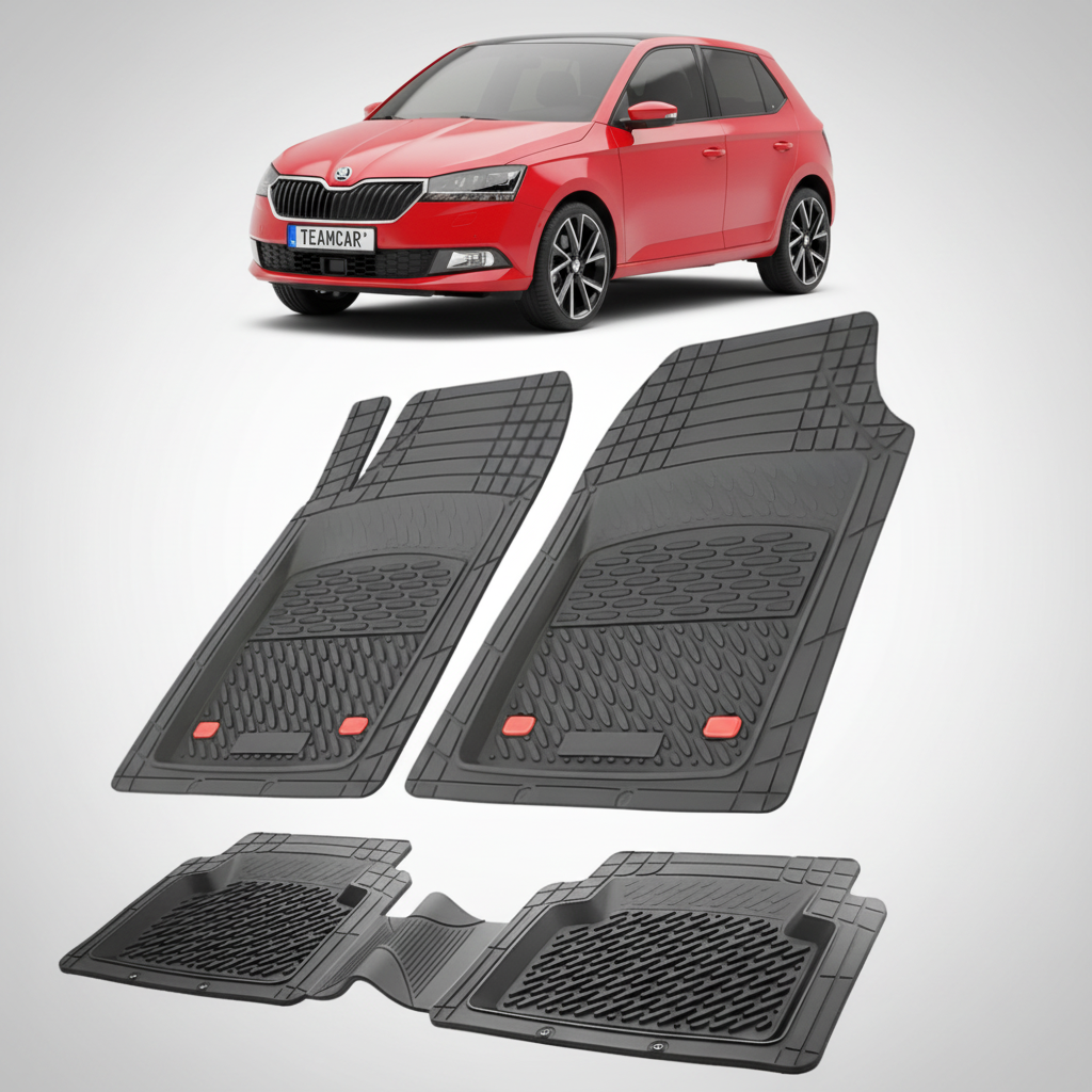 set de covorase din cauciuc negre cu o skoda fabia iii hatchback facelift rosie in fundal