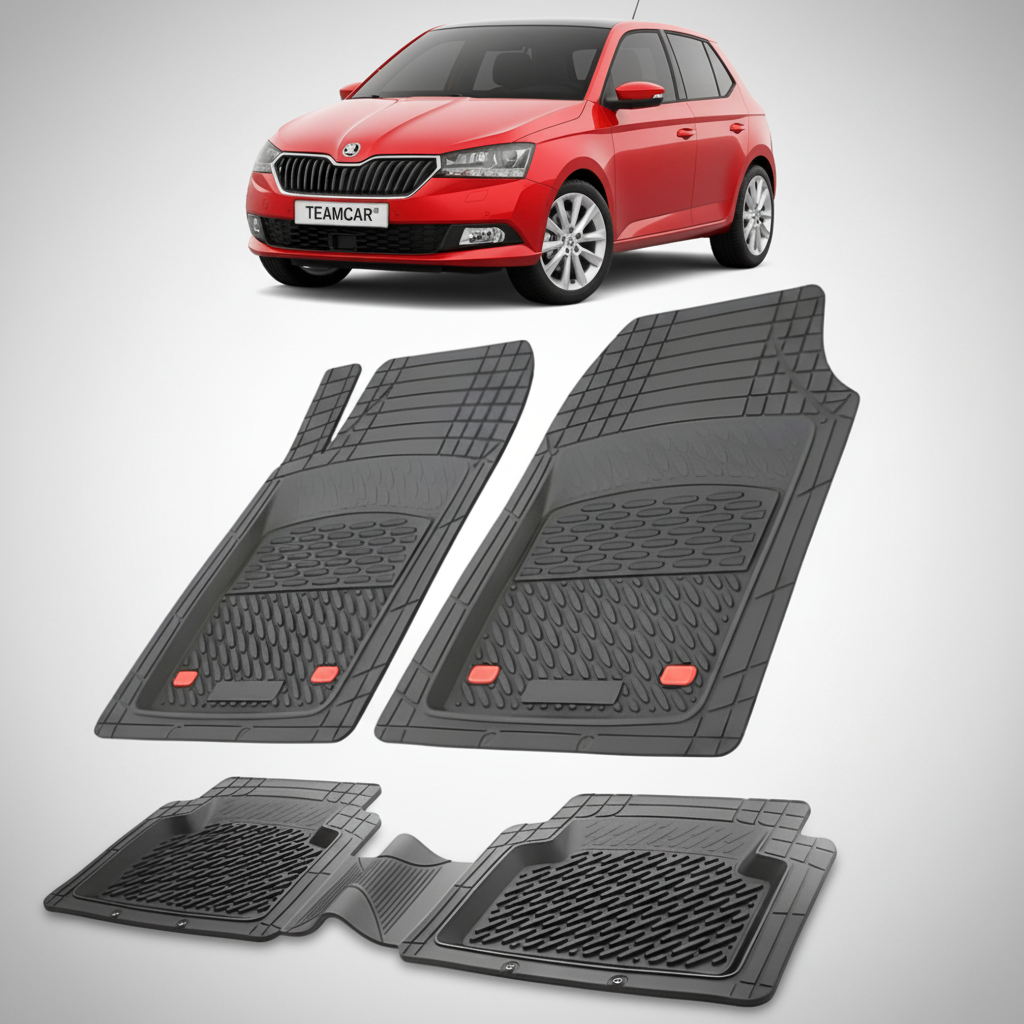 set de covorase din cauciuc negre cu o skoda fabia iii hatchback rosie in fundal