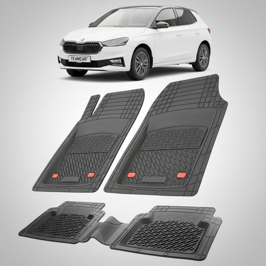 set de covorase din cauciuc negre cu o skoda fabia iv hatchback alba in fundal