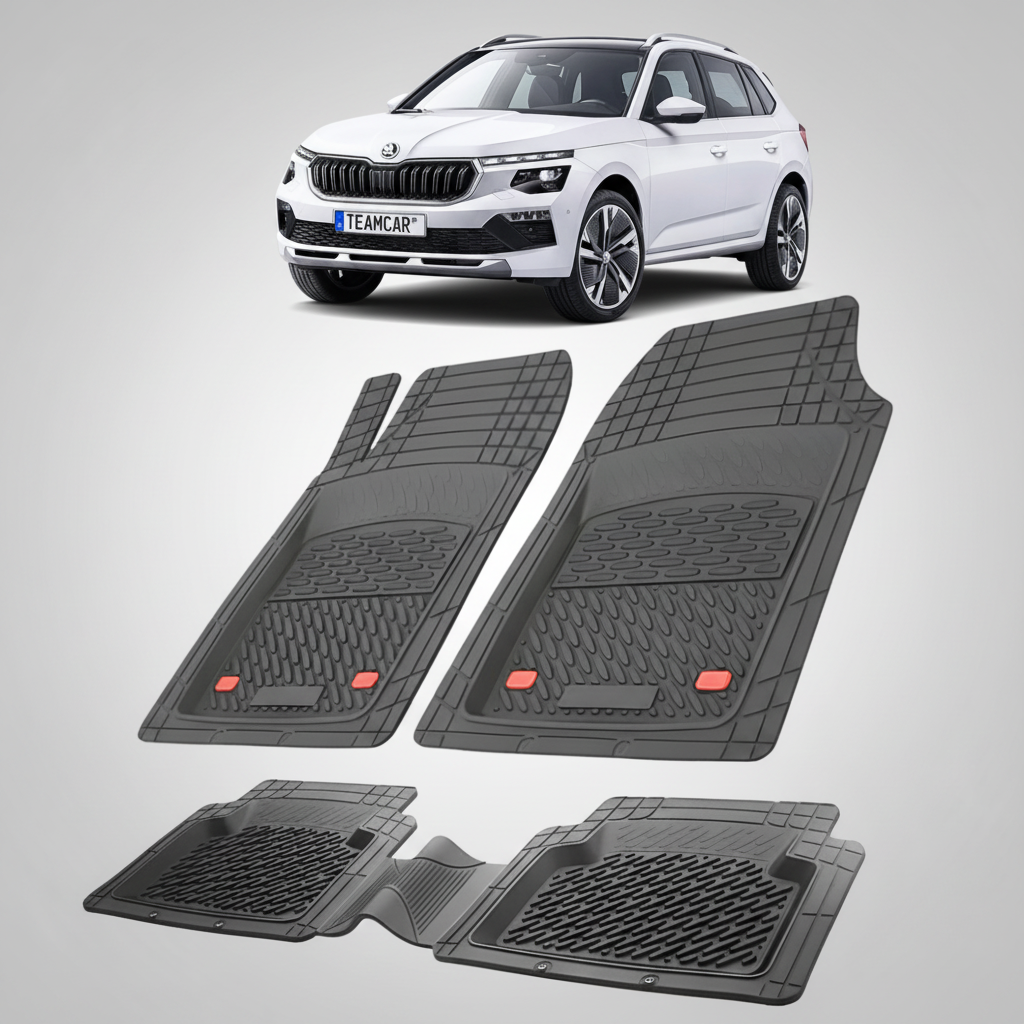 set de covorase din cauciuc negre cu o skoda kamiq facelift alba in fundal