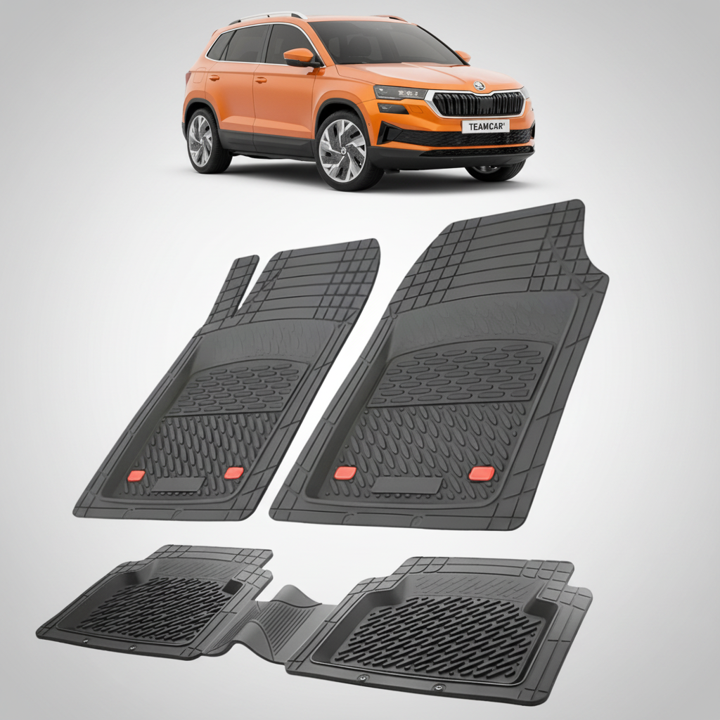 set de covorase din cauciuc negre cu o skoda karoq facelift portocalie in fundal