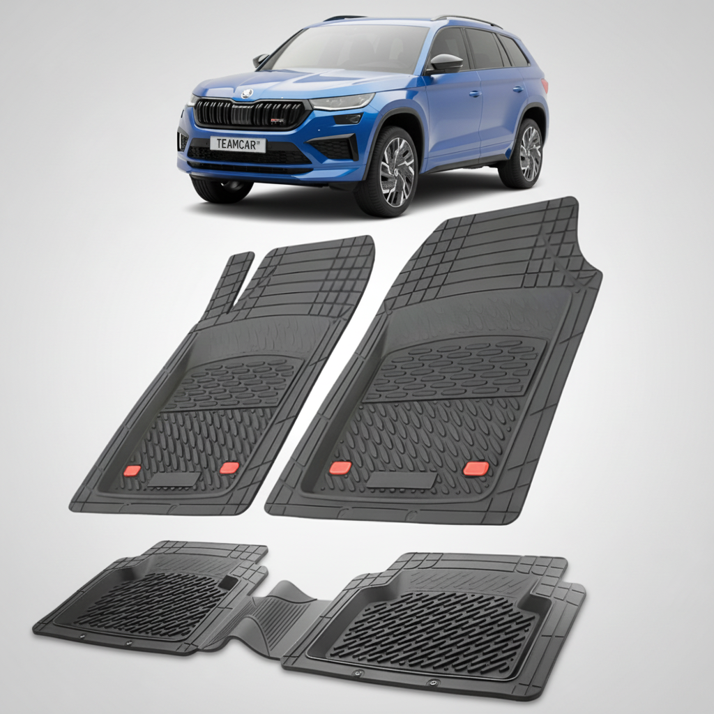 set de covorase din cauciuc negre cu o skoda kodiaq facelift albastra in fundal