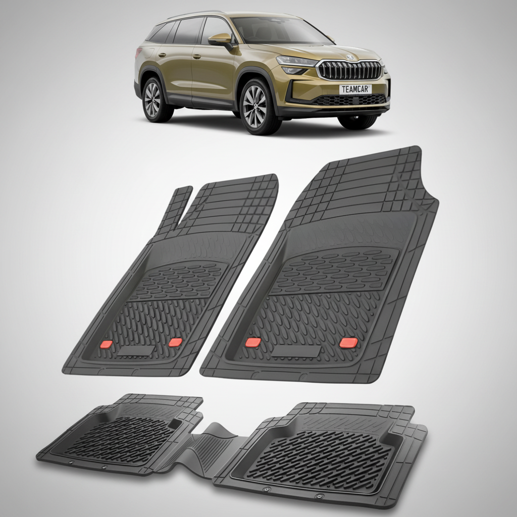 set de covorase din cauciuc negre cu o skoda kodiaq ii auriu verzui in fundal