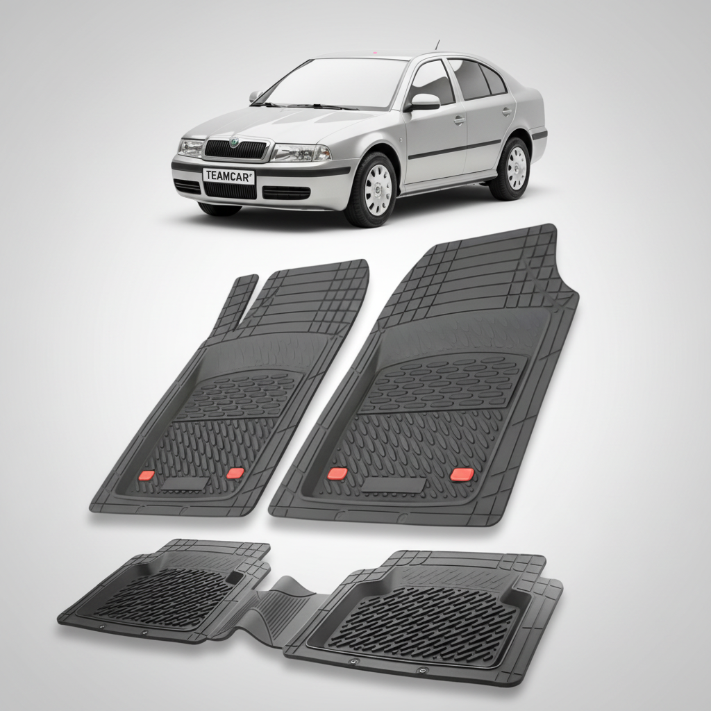 set de covorase din cauciuc negre cu o skoda octavia i liftback argintie in fundal