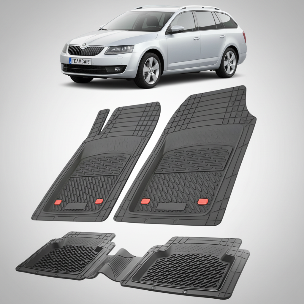 set de covorase din cauciuc negre cu o skoda octavia iii combi gri in fundal