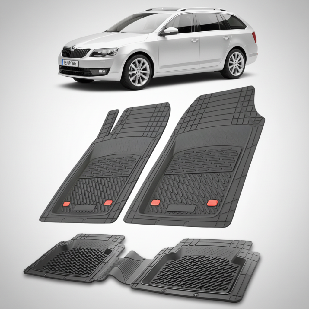 set de covorase din cauciuc negre cu o skoda octavia iii combi argintie in fundal