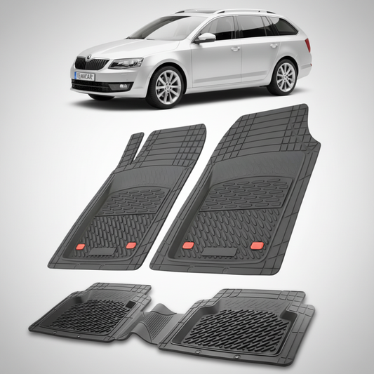set de covorase din cauciuc negre cu o skoda octavia iii combi argintie in fundal