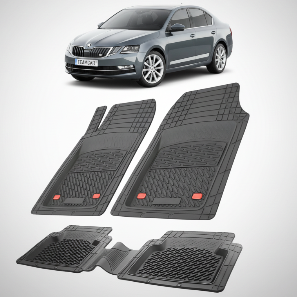 set de covorase din cauciuc negre cu o skoda octavia iii sedan gri in fundal