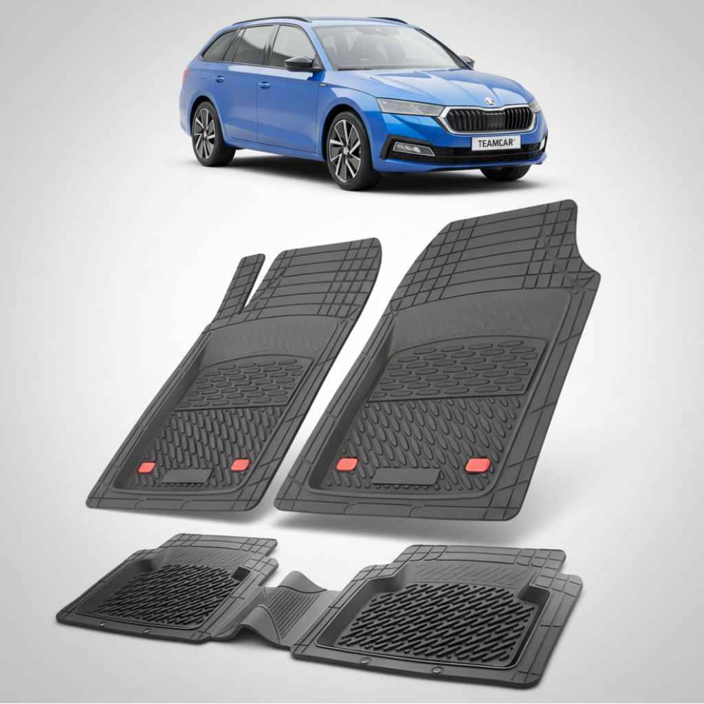 set de covorase din cauciuc negre cu o skoda octavia iv combi facelift albastra in fundal