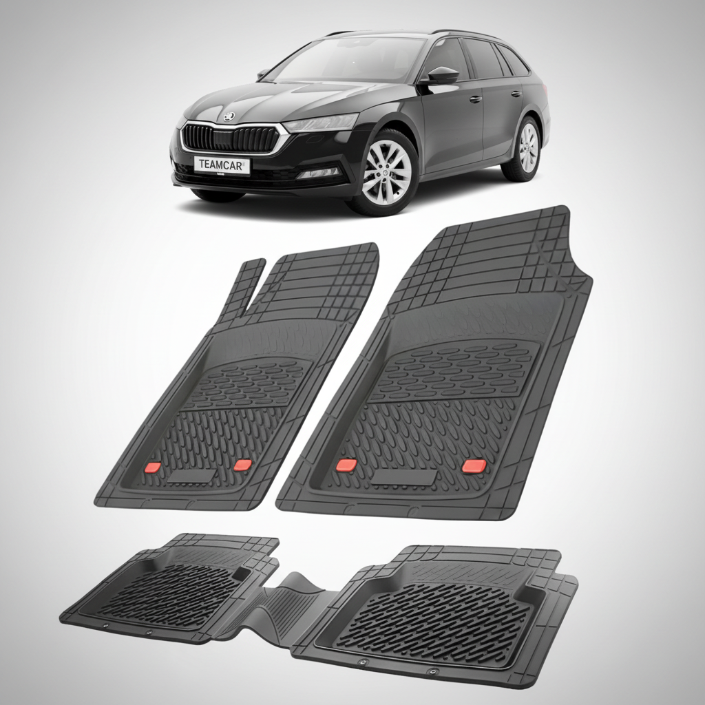set de covorase din cauciuc negre cu o skoda octavia iv combi neagra in fundal
