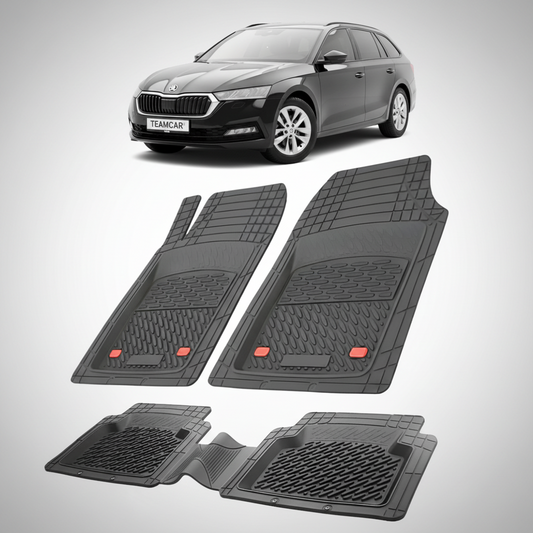 set de covorase din cauciuc negre cu o skoda octavia iv combi neagra in fundal