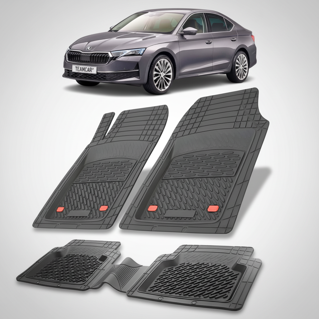 set de covorase din cauciuc negre cu o skoda octavia iv liftback facelift gri inchis in fundal