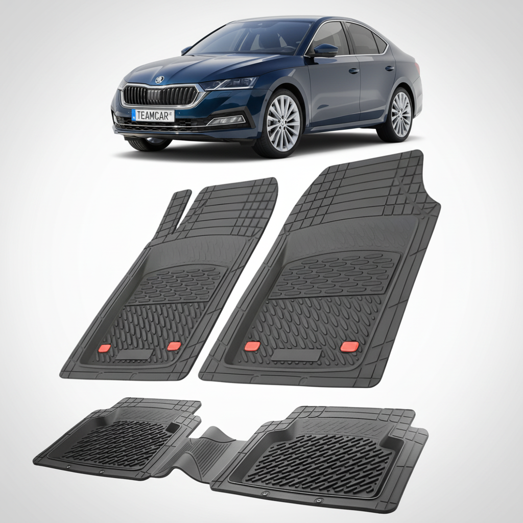 set de covorase din cauciuc negre cu o skoda octavia iv liftback pre-facelift albastra in fundal