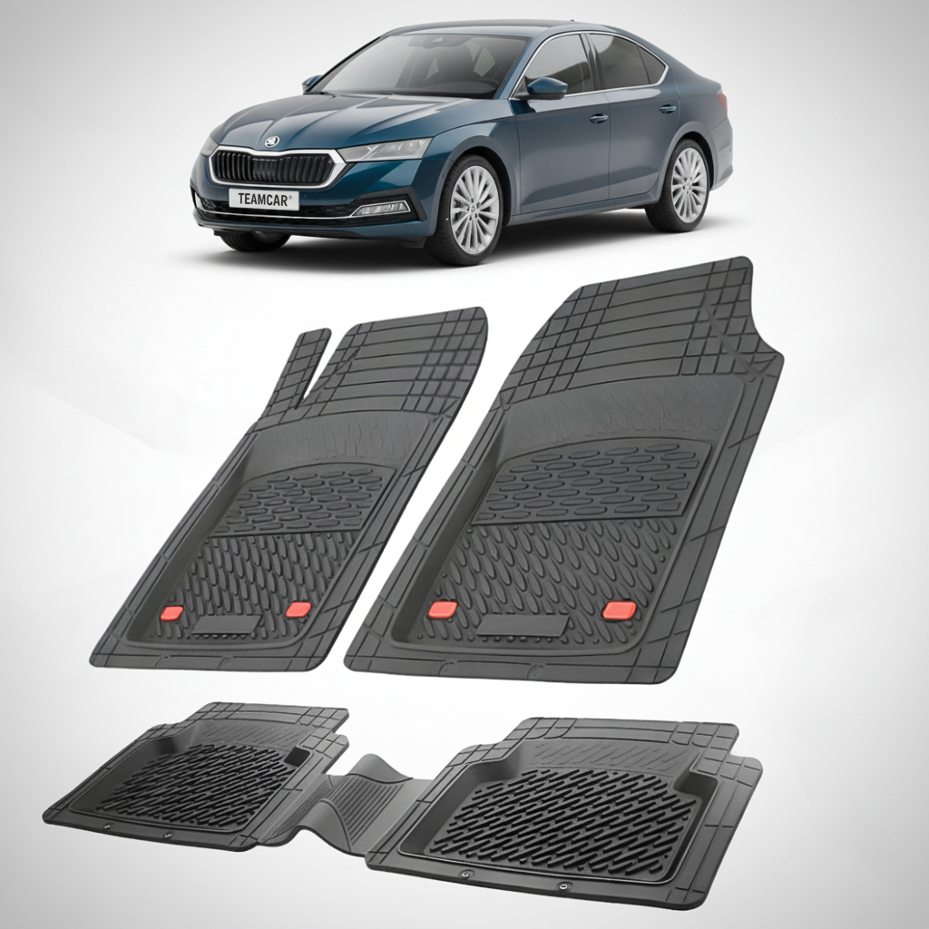 set de covorase din cauciuc negre cu o skoda octavia iv sedan albastru inchis in fundal