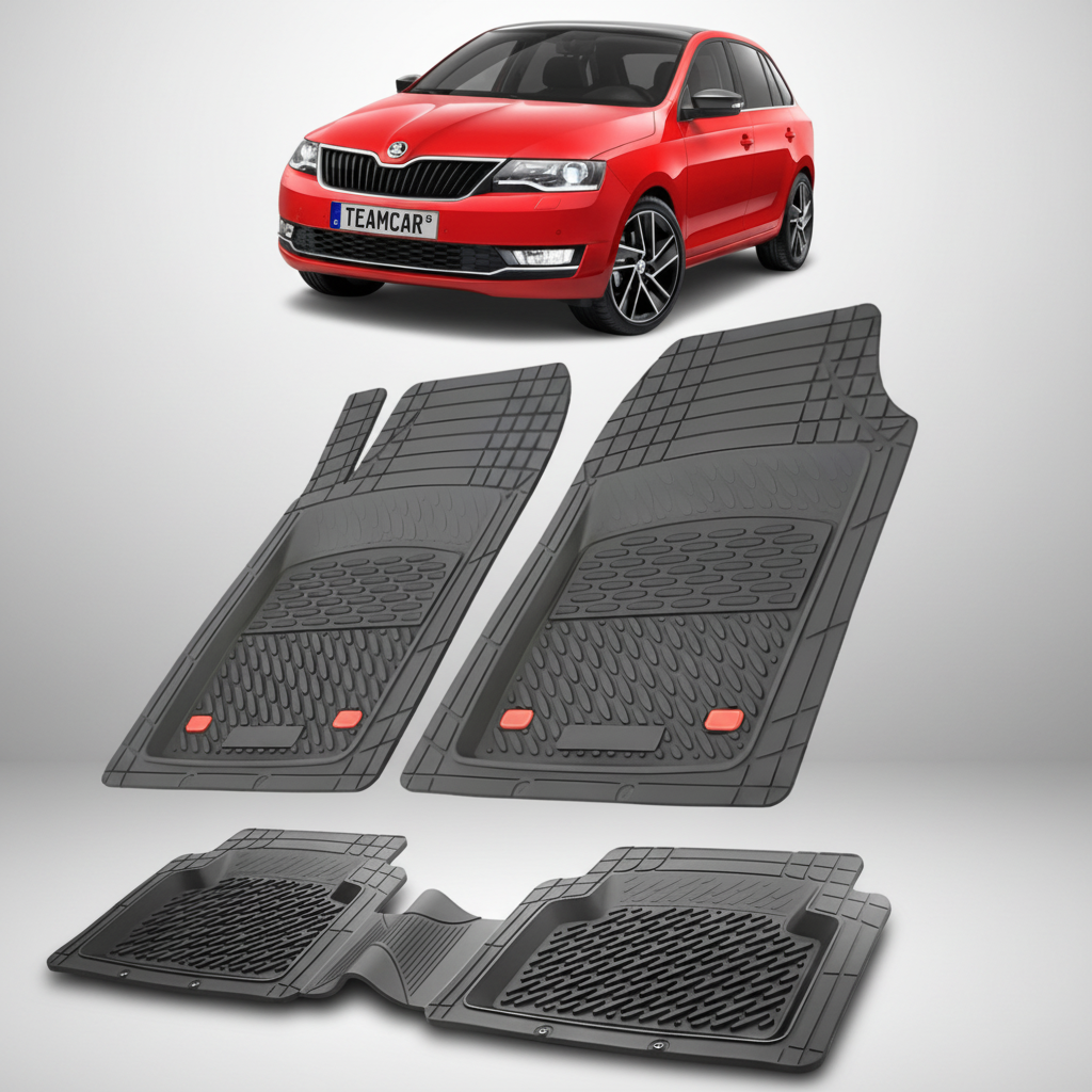 set de covorase din cauciuc negre cu o skoda rapid liftback facelift rosie in fundal