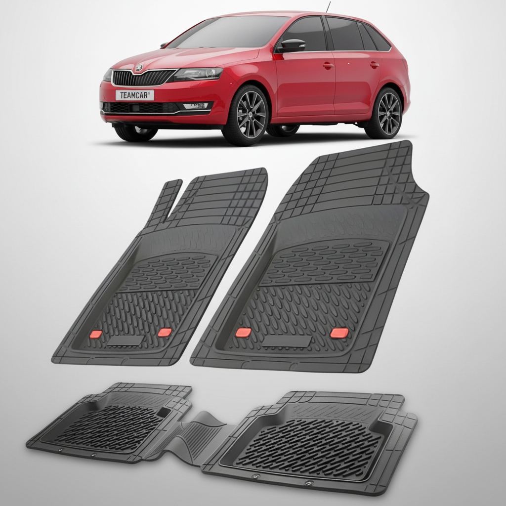 set de covorase din cauciuc negre cu o skoda rapid spaceback facelift rosie in fundal