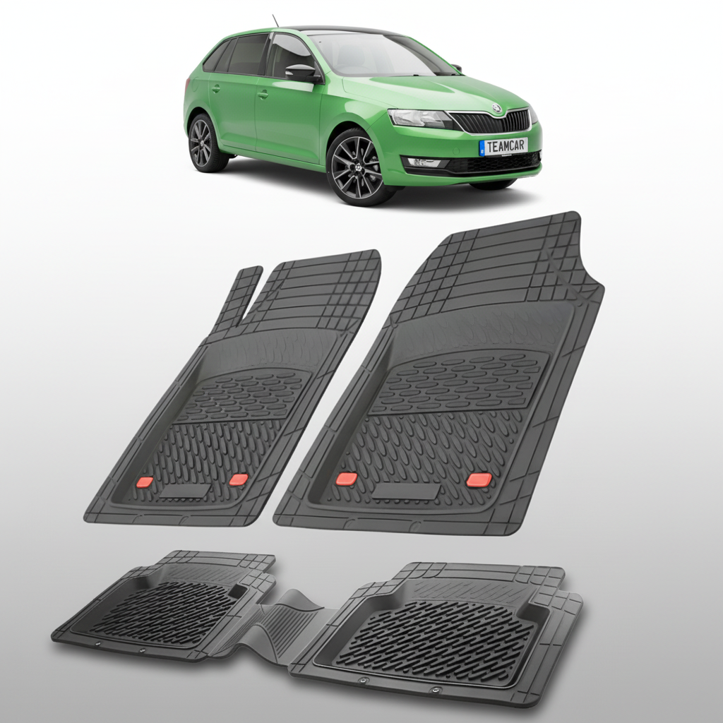 set de covorase din cauciuc negre cu o skoda rapid i spaceback verde in fundal