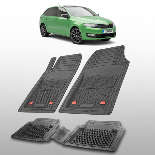set de covorase din cauciuc negre cu o skoda rapid i spaceback verde in fundal
