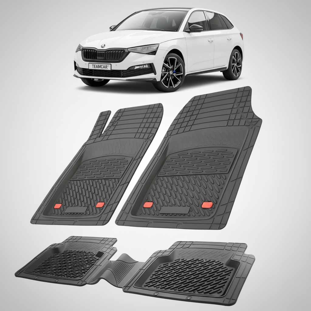 set de covorase din cauciuc negre cu o skoda scala hatchback alba in fundal
