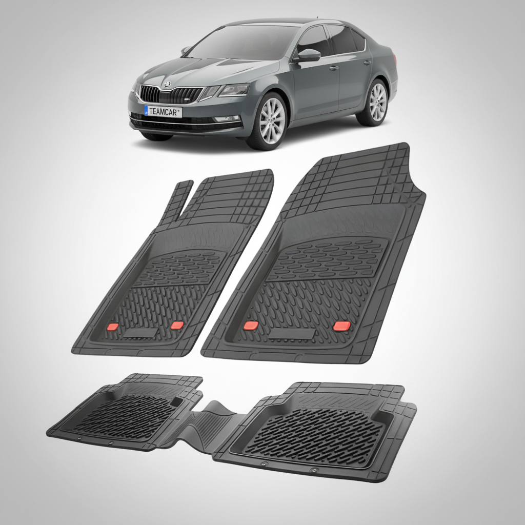 set de covorase din cauciuc negre cu o skoda octavia iii sedan gri in fundal