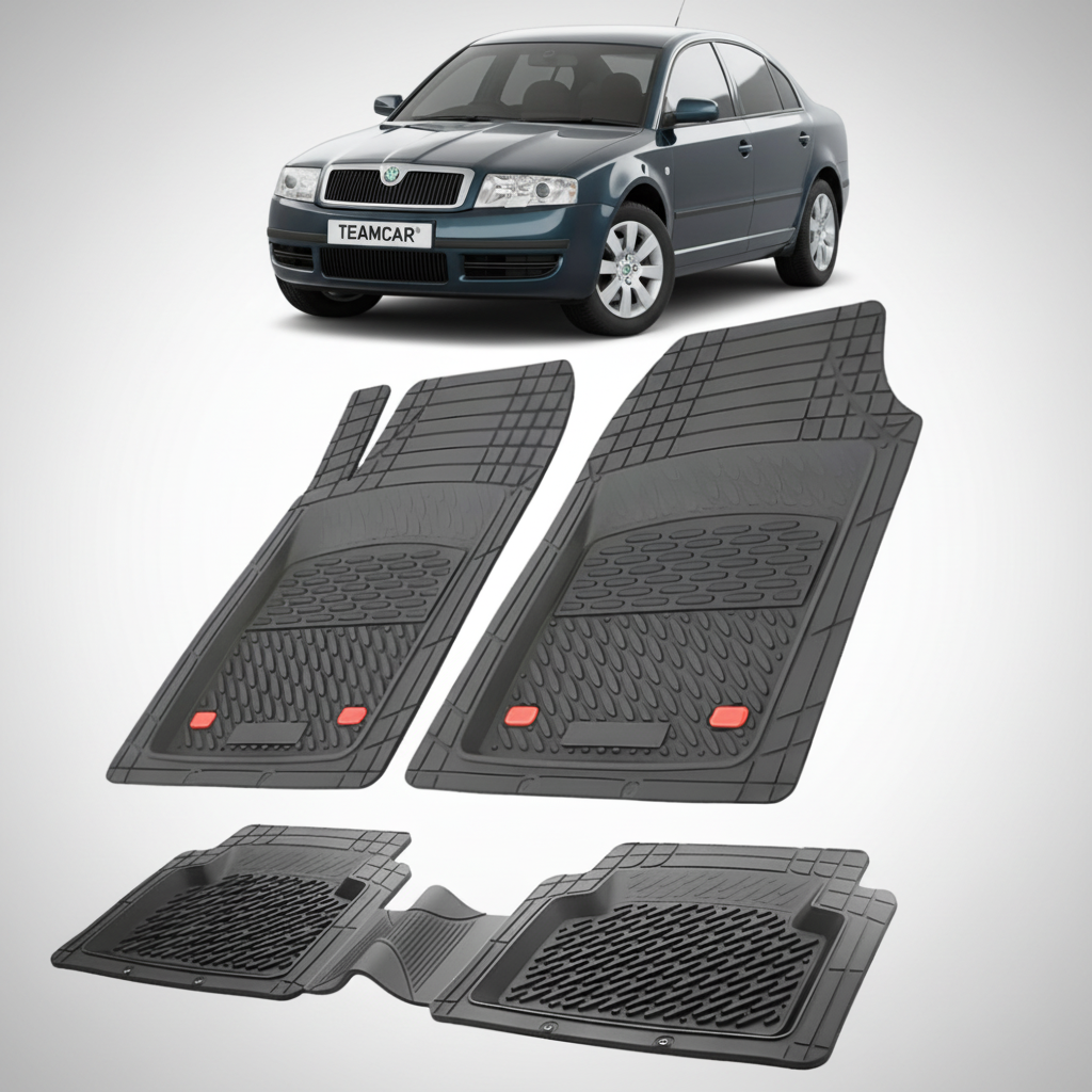 set de covorase din cauciuc negre cu o skoda superb 1 verde inchis metalizat in fundal