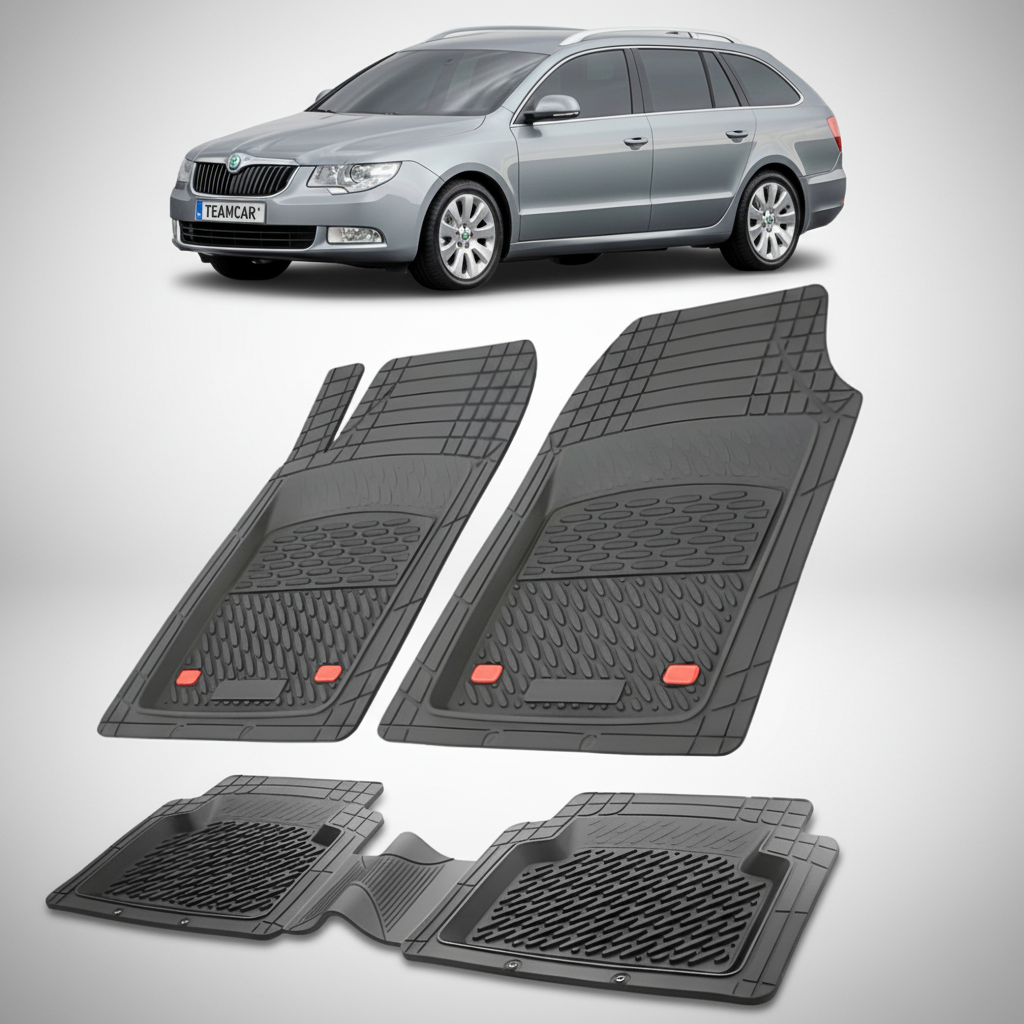 set de covorase din cauciuc negre cu o skoda superb ii combi gri in fundal