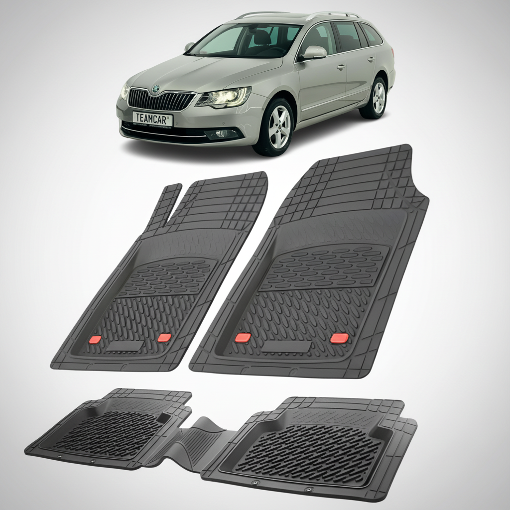 set de covorase din cauciuc negre cu o skoda superb ii combi argintie in fundal