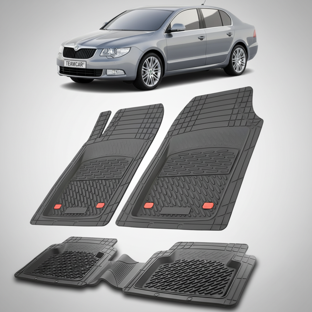 set de covorase din cauciuc negre cu o skoda superb ii gri in fundal
