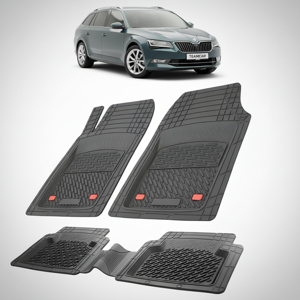 set de covorase din cauciuc negre cu o skoda superb iii combi gri-verzuie in fundal