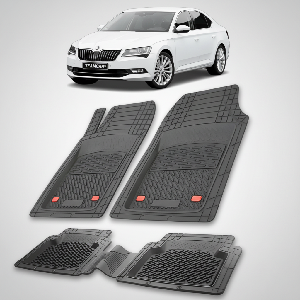 set de covorase din cauciuc negre cu o skoda superb iii alba in fundal