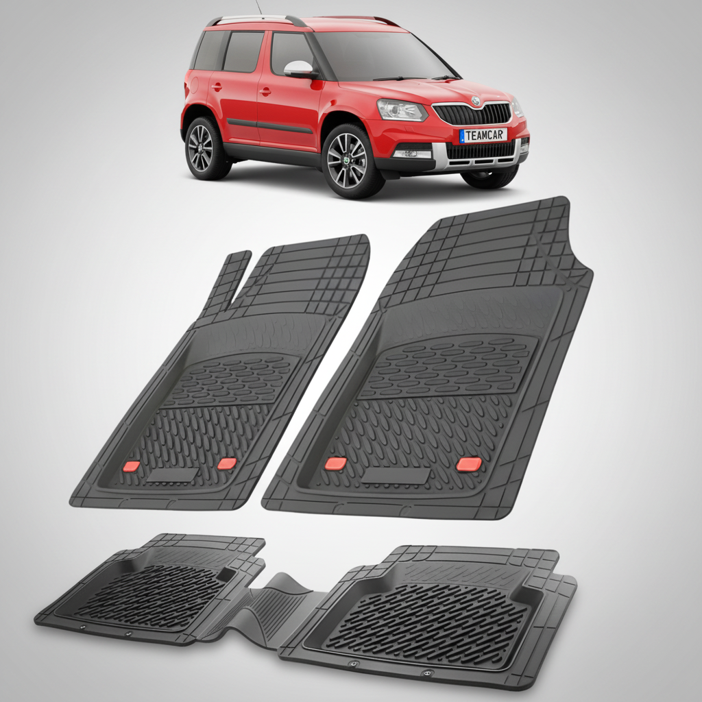 set de covorase din cauciuc negre cu o skoda yeti i rosie in fundal