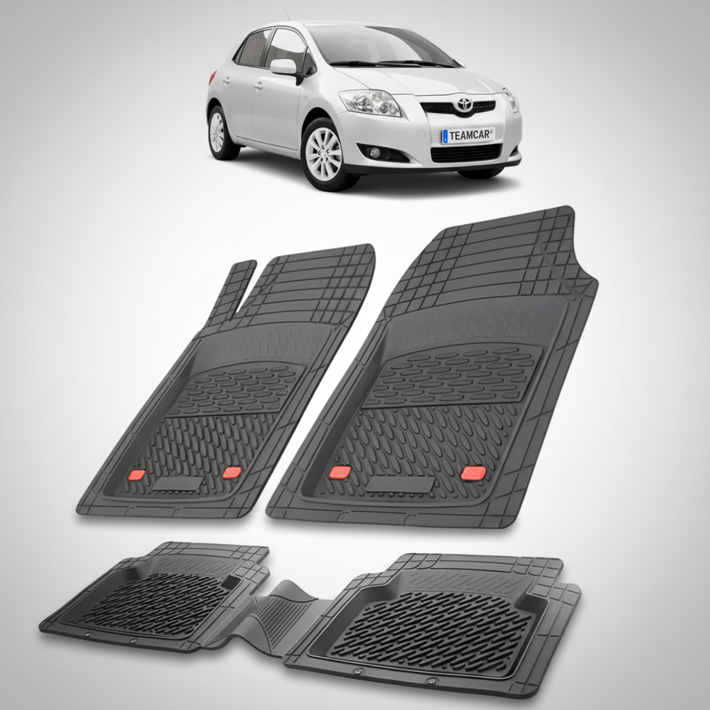 set de covorase din cauciuc negre cu o toyota auris e150 hatchback argintie in fundal