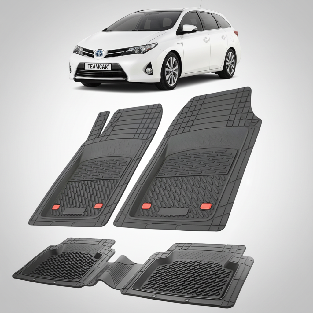 set de covorase din cauciuc negre cu o toyota auris touring sports e180 alba in fundal