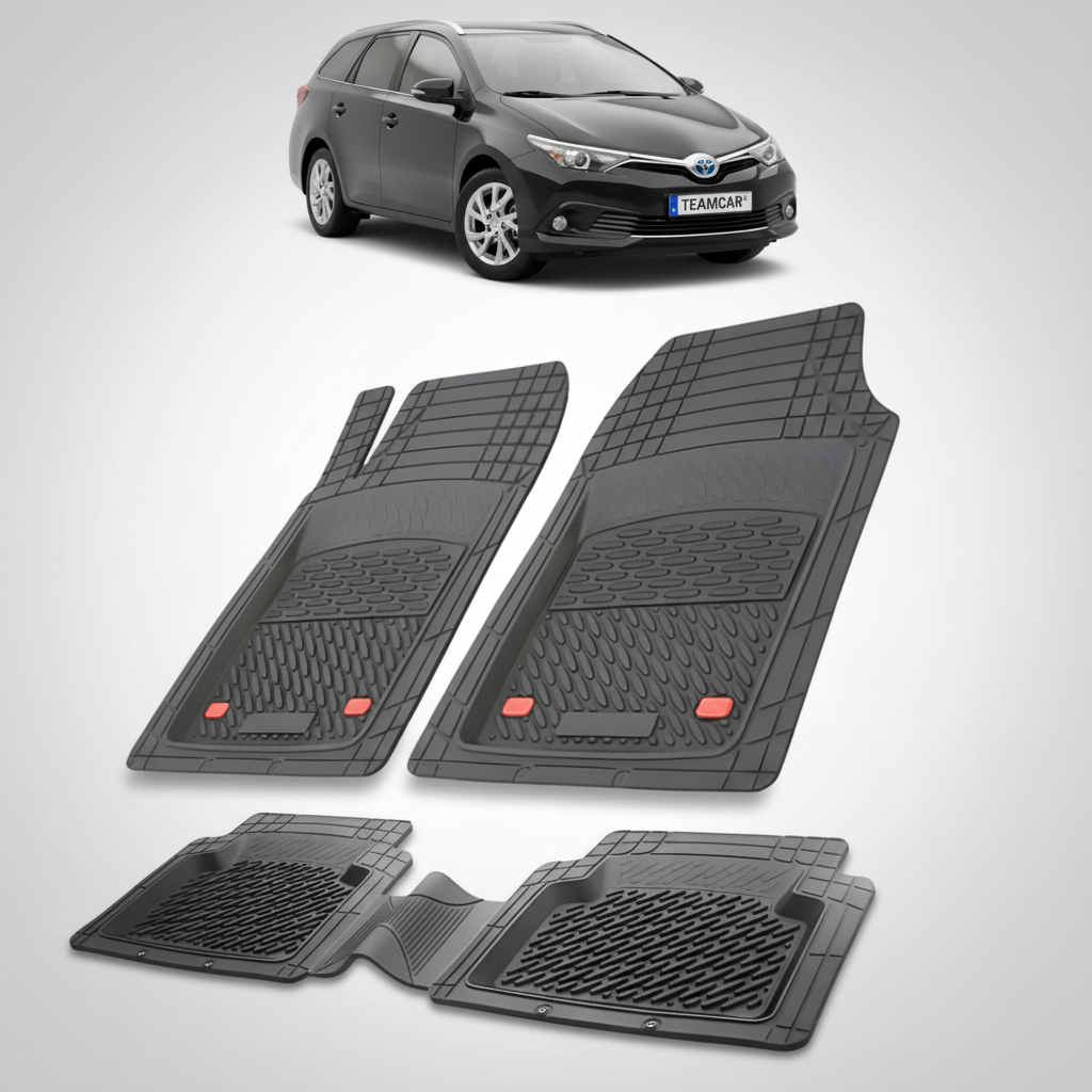 set de covorase din cauciuc negre cu o toyota auris touring sports e180 neagra in fundal
