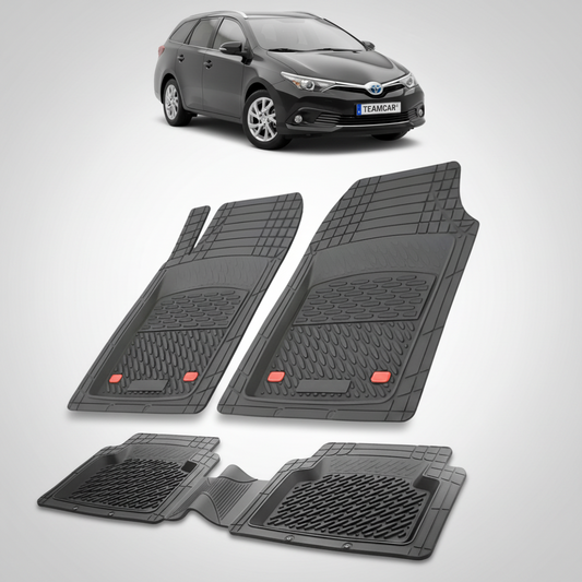 set de covorase din cauciuc negre cu o toyota auris touring sports e180 neagra in fundal