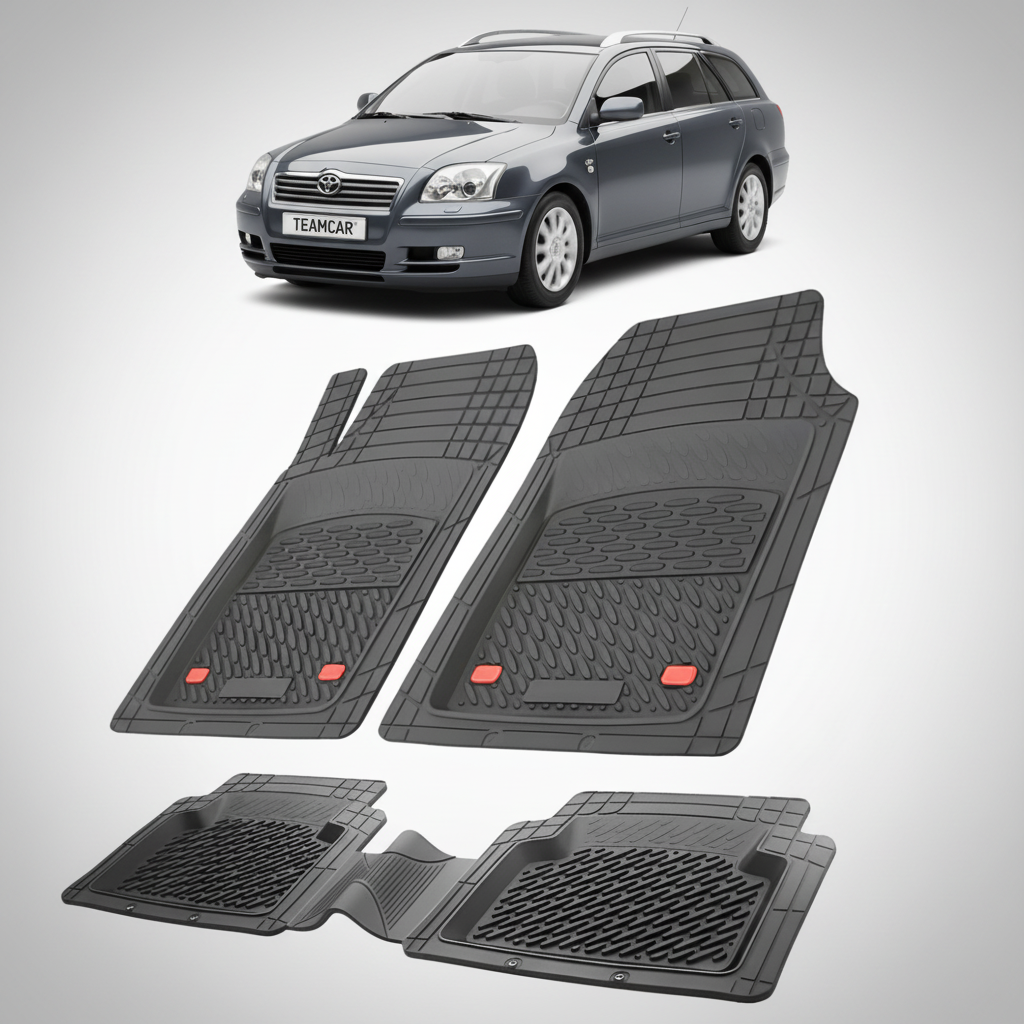 set de covorase din cauciuc negre cu o toyota avensis t25 estate gri inchis  in fundal